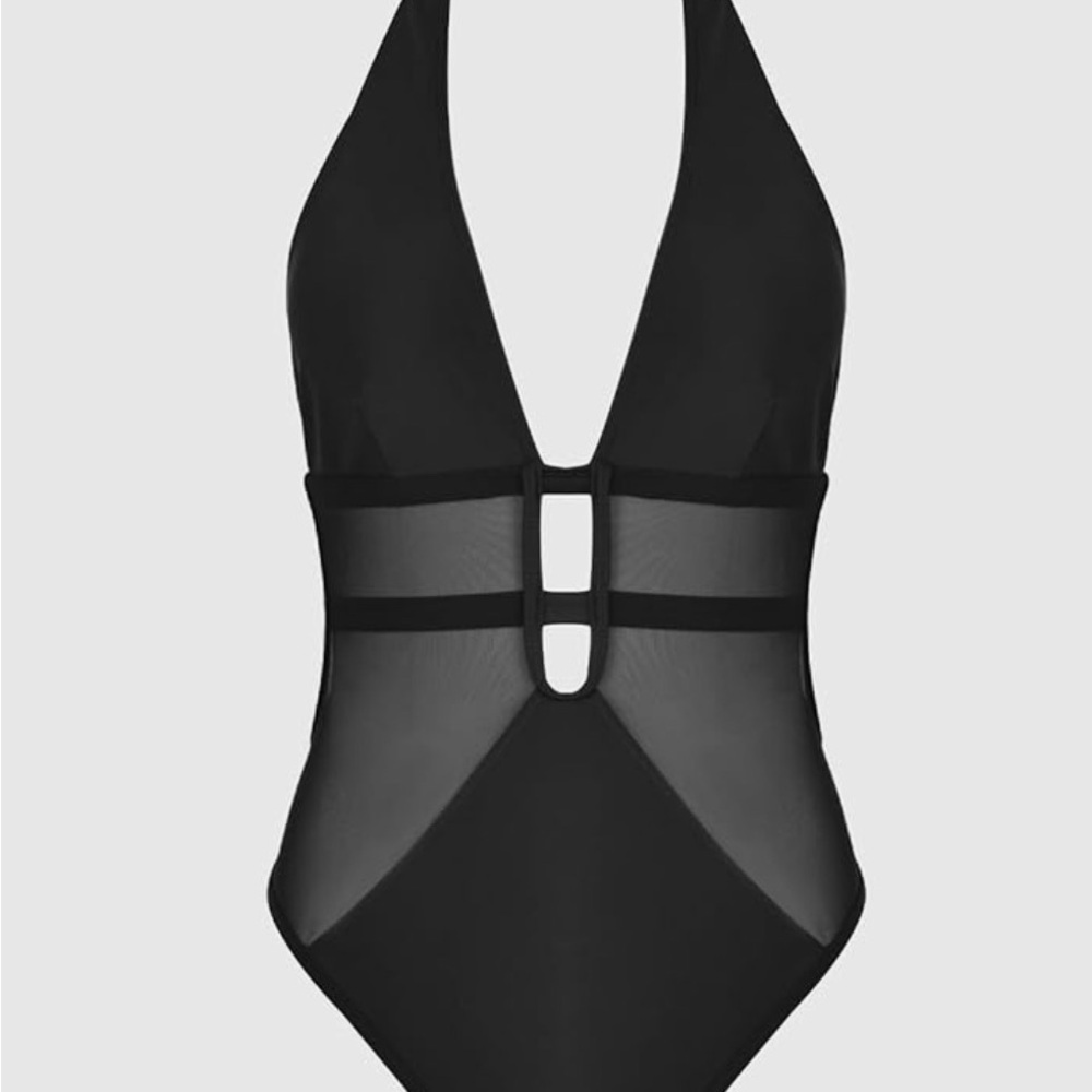 CUPSHE Women's One Piece Swimsuit Bathing Suit Deep V Neck Halter Back Tie Mesh - Picture 13 of 14
